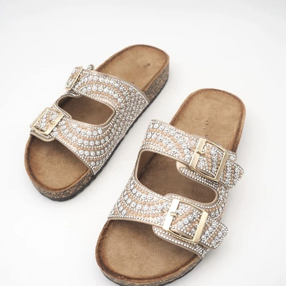 Wild Diva Lounge Rhinestone Double Buckle Slide Sandal